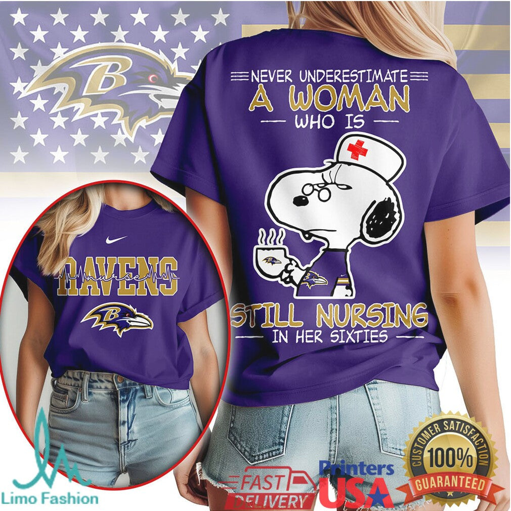 Baltimore Ravens Nurse T Shirt Never Underestimate A Woman Still Nursing In Her Sixties - Limotees LLC