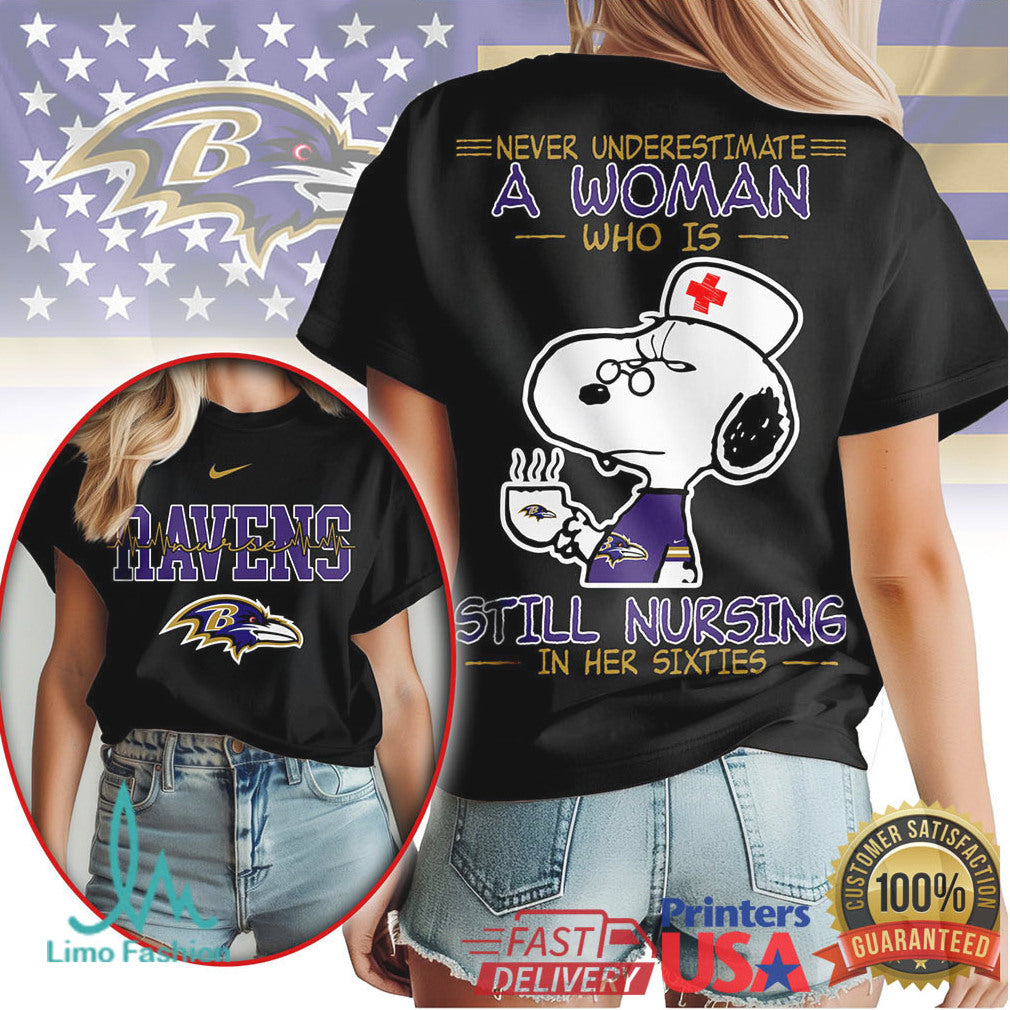Baltimore Ravens Nurse T Shirt Never Underestimate A Woman Still Nursing In Her Sixties - Limotees LLC
