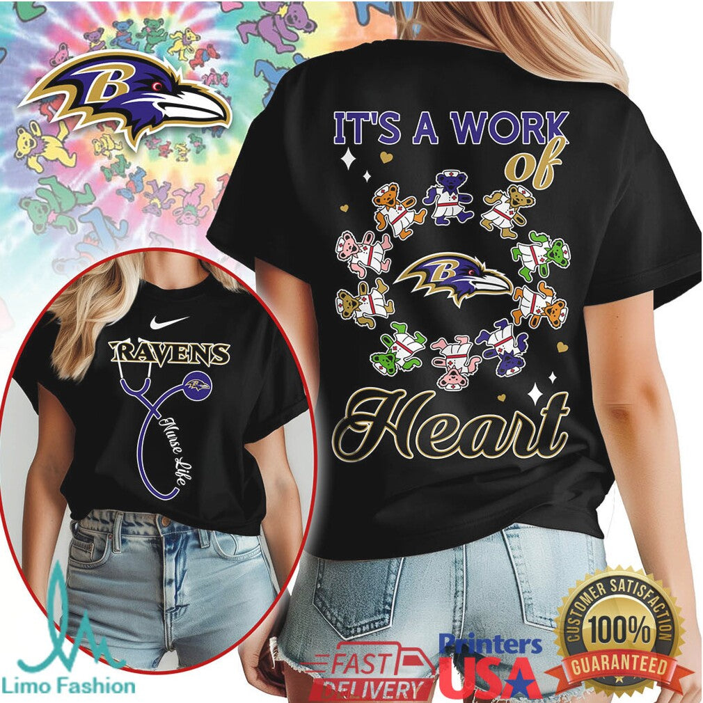 Baltimore Ravens Nursing Tee Work of Heart Dancing Bears Stethoscope Shirt - Limotees LLC