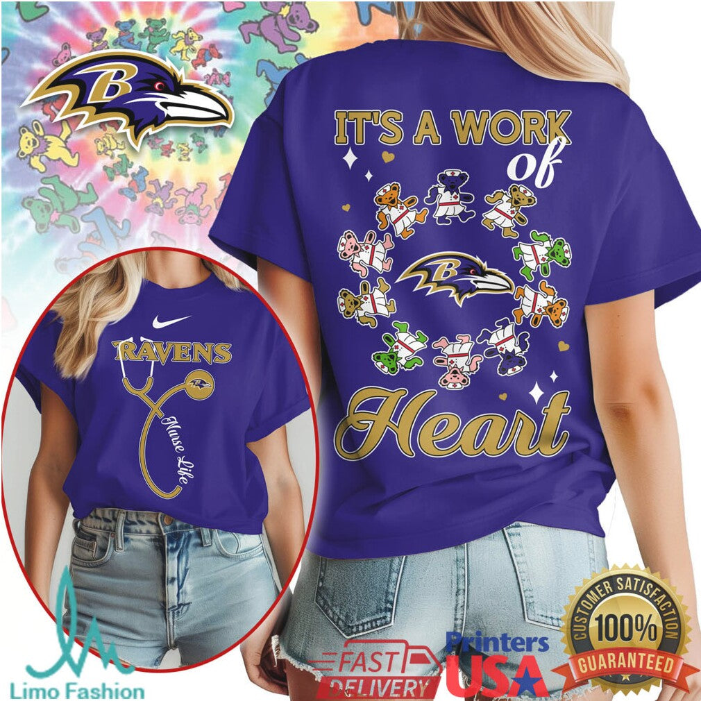 Baltimore Ravens Nursing Tee Work of Heart Dancing Bears Stethoscope Shirt - Limotees LLC