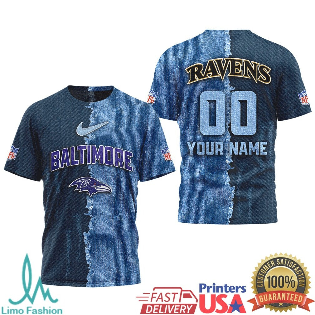 Baltimore Ravens Personalized Denim Look NFL T Shirt Custom Name & Number Fan Apparel - Limotees LLC