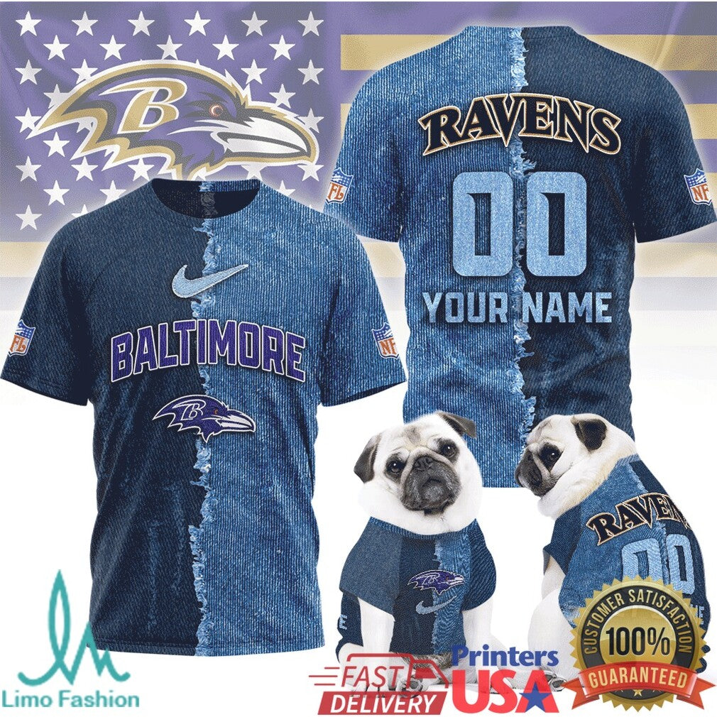Baltimore Ravens Personalized Denim Look NFL T Shirt Custom Name & Number Fan Apparel - Limotees LLC