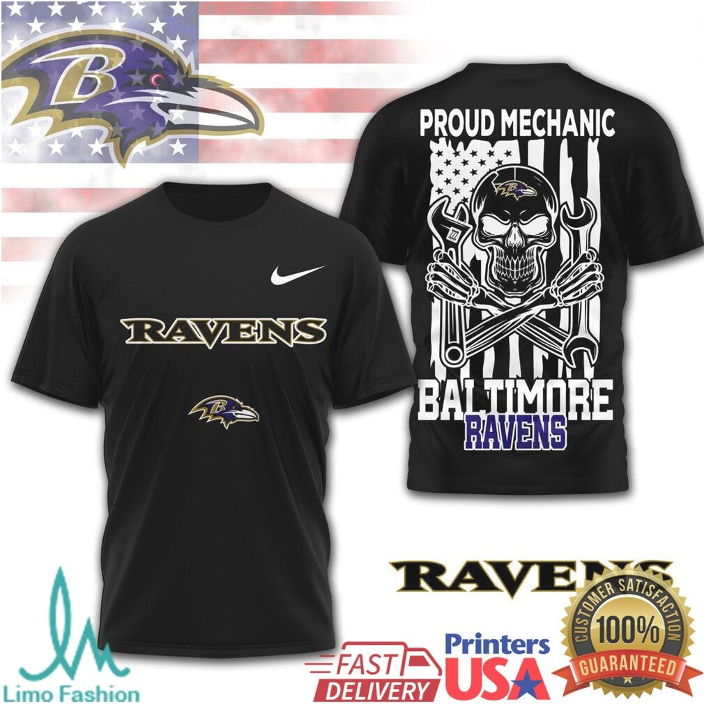 Baltimore Ravens Proud Mechanic Skull USA Flag T Shirt - Limotees LLC