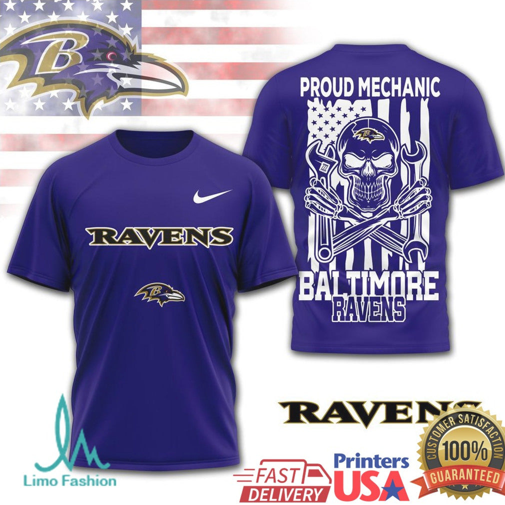 Baltimore Ravens Proud Mechanic Skull USA Flag T Shirt - Limotees LLC