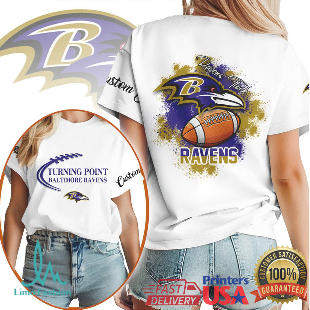 Baltimore Ravens Ravens Flock Custom Football White T Shirt - Limotees LLC