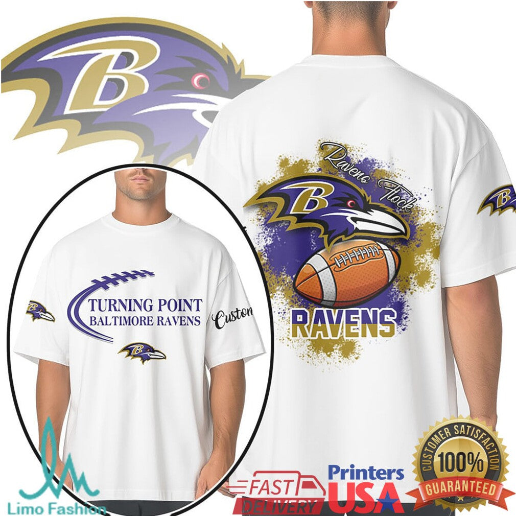 Baltimore Ravens Ravens Flock Custom Football White T Shirt - Limotees LLC