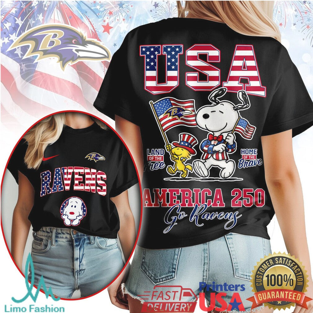 Baltimore Ravens Snoopy America 250 Home Of The Brave T Shirt - Limotees LLC