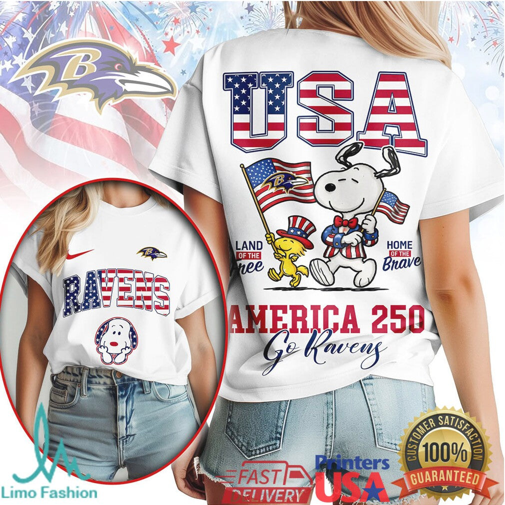 Baltimore Ravens Snoopy America 250 Home Of The Brave T Shirt - Limotees LLC