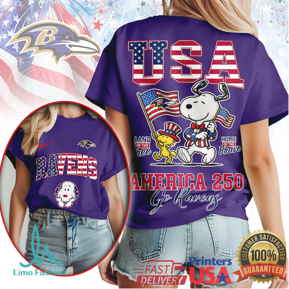 Baltimore Ravens Snoopy America 250 Home Of The Brave T Shirt - Limotees LLC