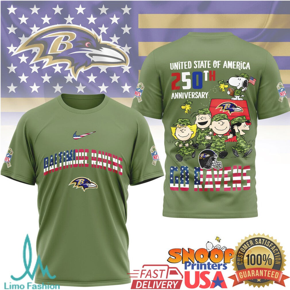 Baltimore Ravens Snoopy Peanuts 250th Anniversary Military Style T Shirt - Limotees LLC