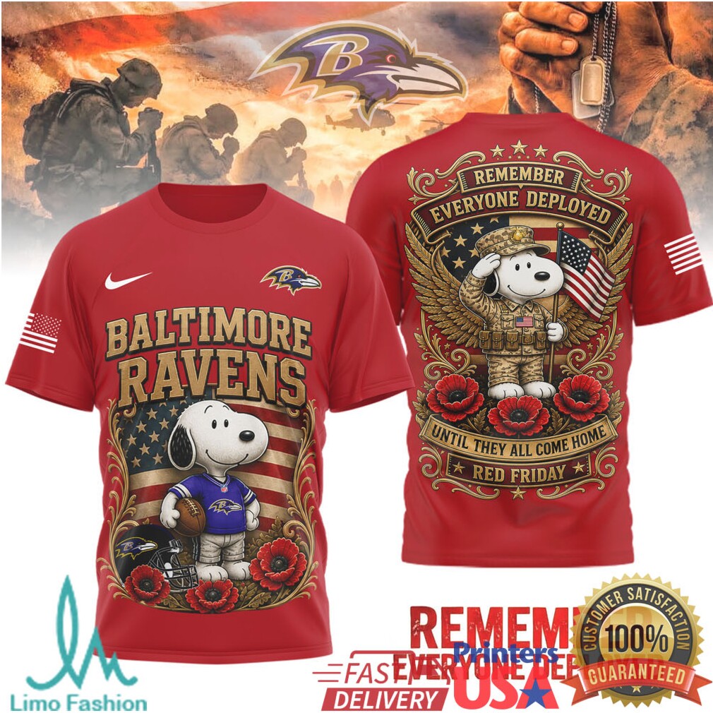 Baltimore Ravens Snoopy Saluting Soldier Remember Everyone Deployed T Shirt - Limotees LLC