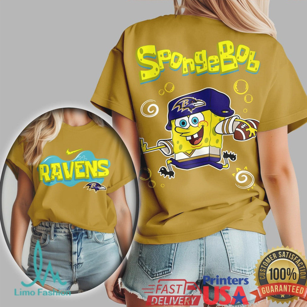 Baltimore Ravens SpongeBob Football Cartoon Graphic T Shirt - Limotees LLC