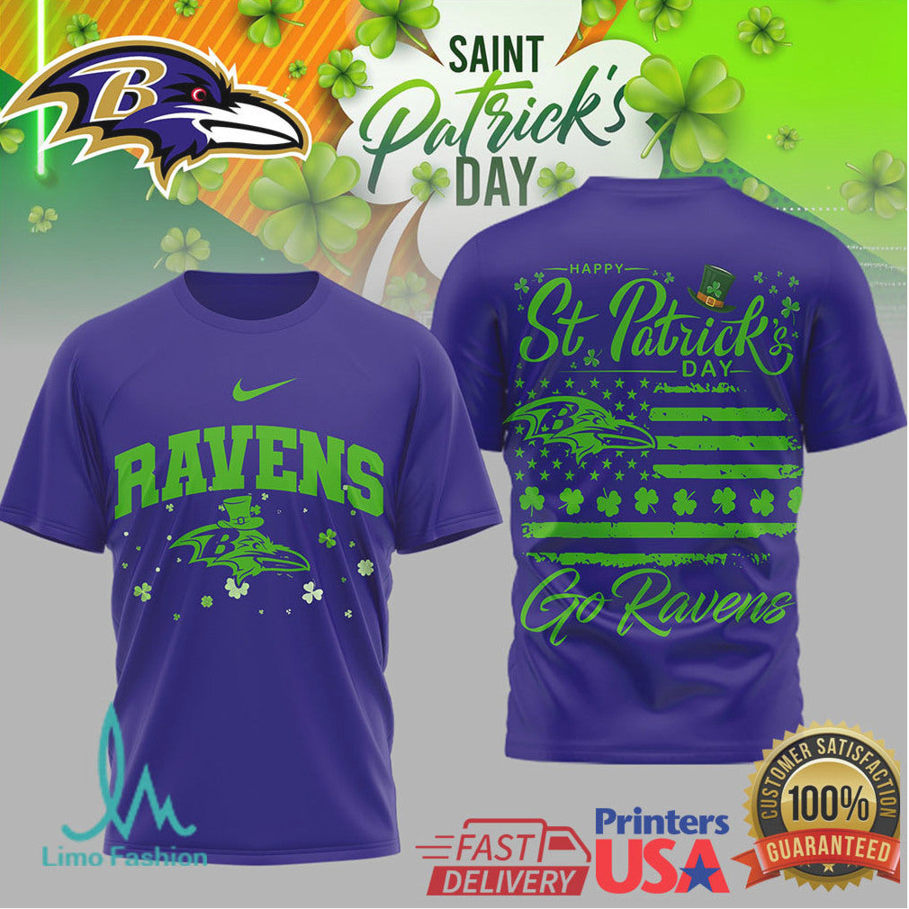 Baltimore Ravens St. Patrick'S Day Shamrock Patriotic Flag Tshirt - Limotees LLC