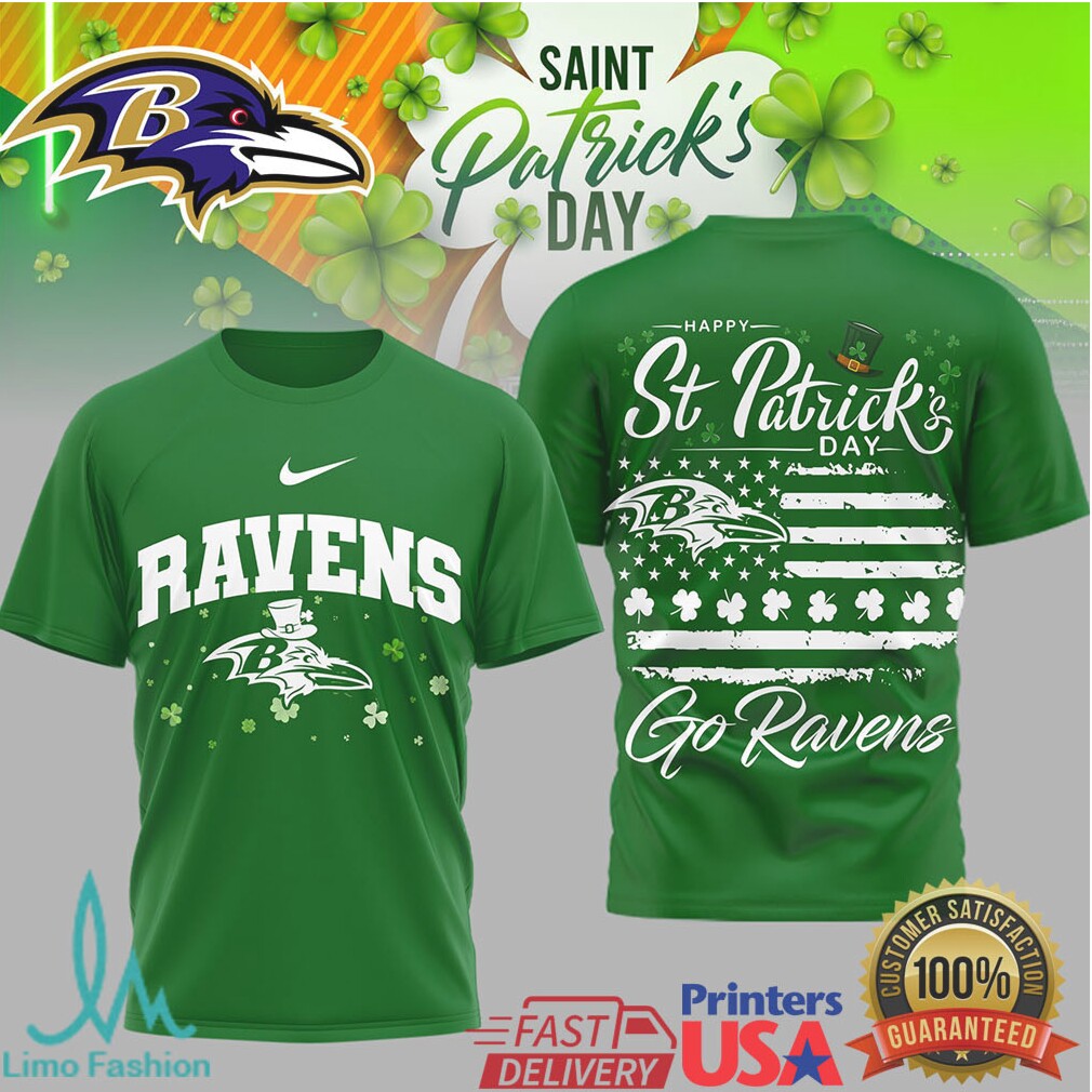 Baltimore Ravens St. Patrick'S Day Shamrock Patriotic Flag Tshirt - Limotees LLC