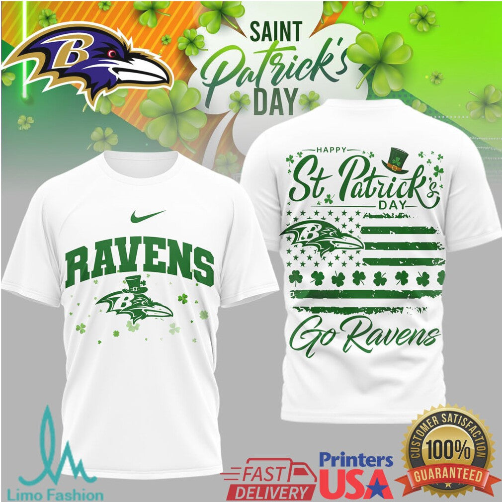 Baltimore Ravens St. Patrick'S Day Shamrock Patriotic Flag Tshirt - Limotees LLC
