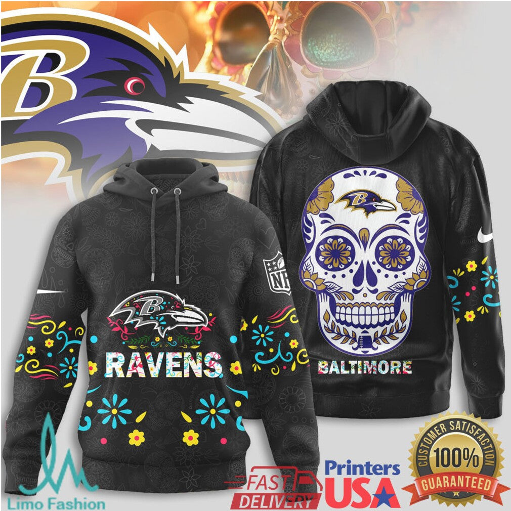 Baltimore Ravens Sugar Skull Floral Art NFL Football T Shirt - Limotees LLC