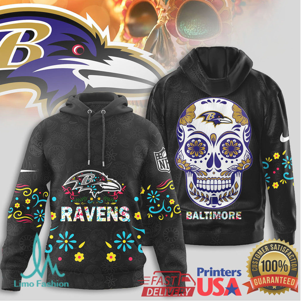 Baltimore Ravens Sugar Skull Floral Art NFL Football T Shirt - Limotees LLC