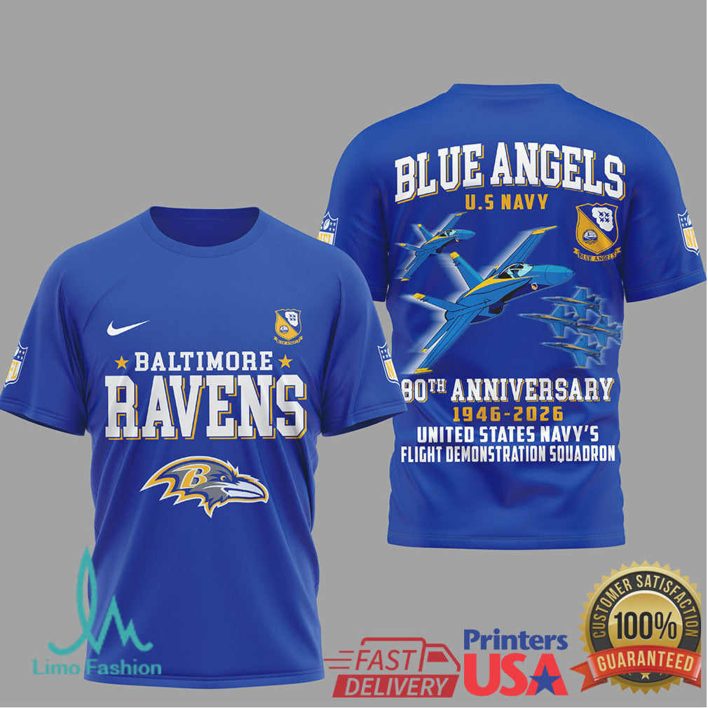 Baltimore Ravens x Blue Angels 80th Anniversary Navy Flight T Shirt - Limotees LLC