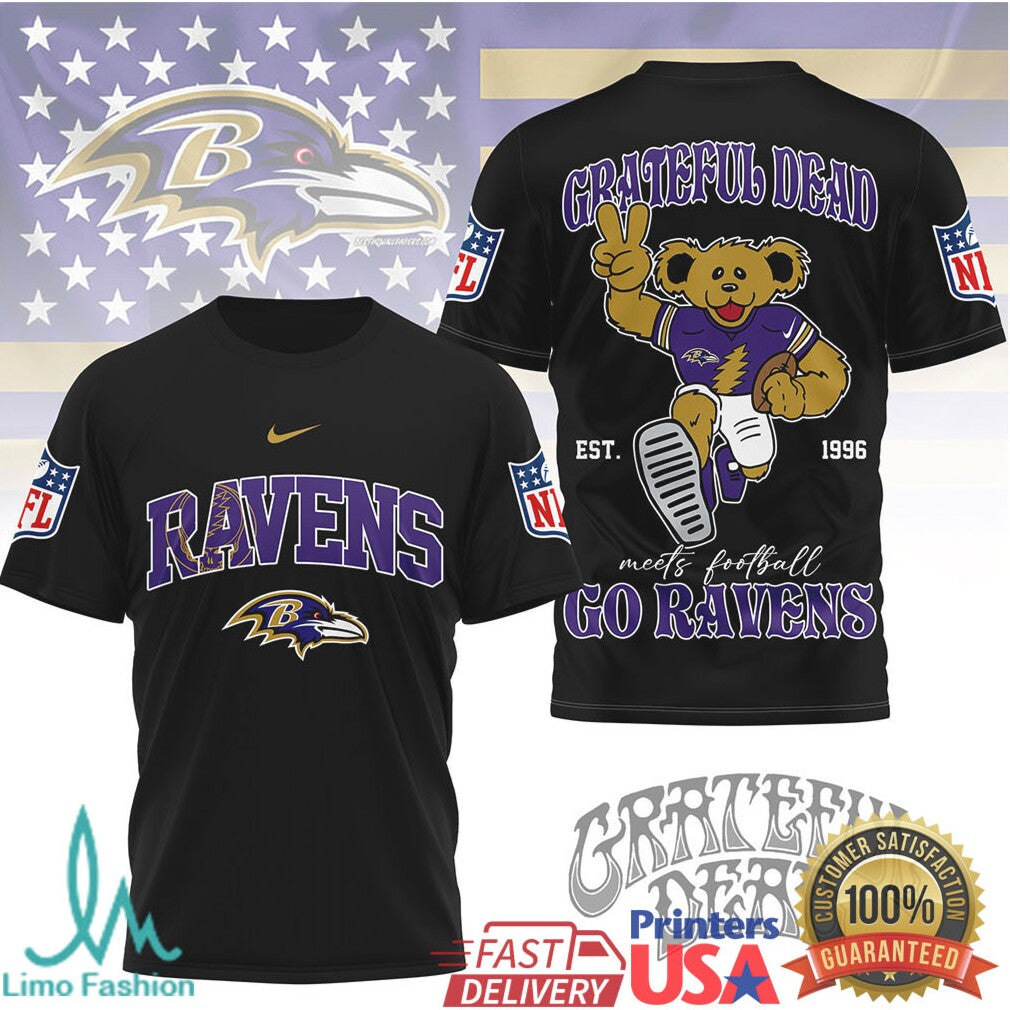 Baltimore Ravens x Grateful Dead Dancing Bear NFL Football Collaboration T Shirt - Limotees LLC