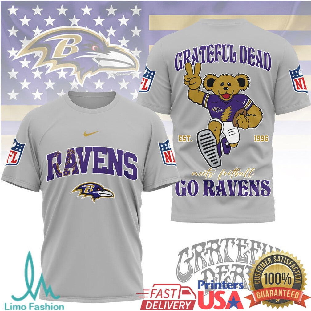 Baltimore Ravens x Grateful Dead Dancing Bear NFL Football Collaboration T Shirt - Limotees LLC