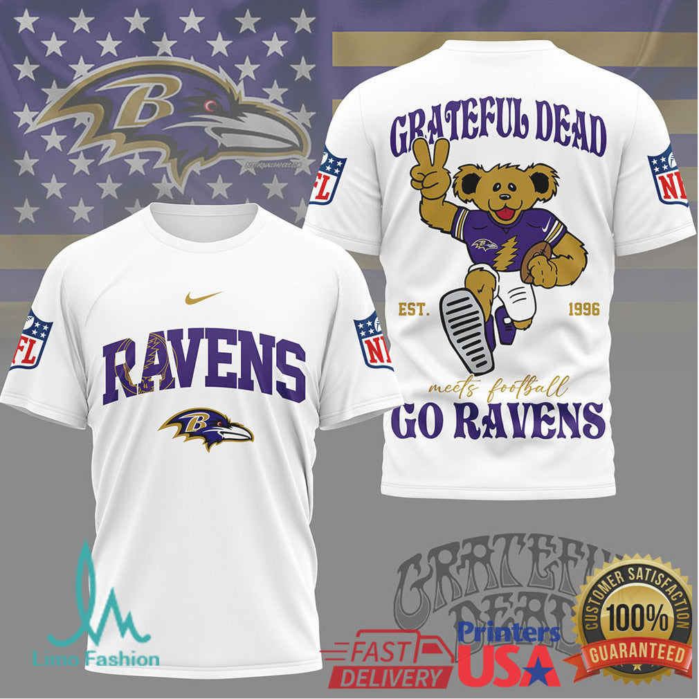 Baltimore Ravens x Grateful Dead Dancing Bear NFL Football Collaboration T Shirt - Limotees LLC
