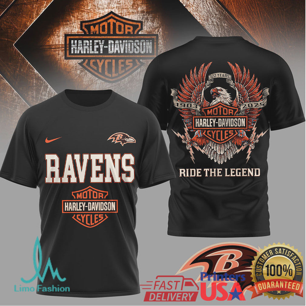 Baltimore Ravens x Harley Davidson 122 Years Anniversary Graphic T Shirt - Limotees LLC