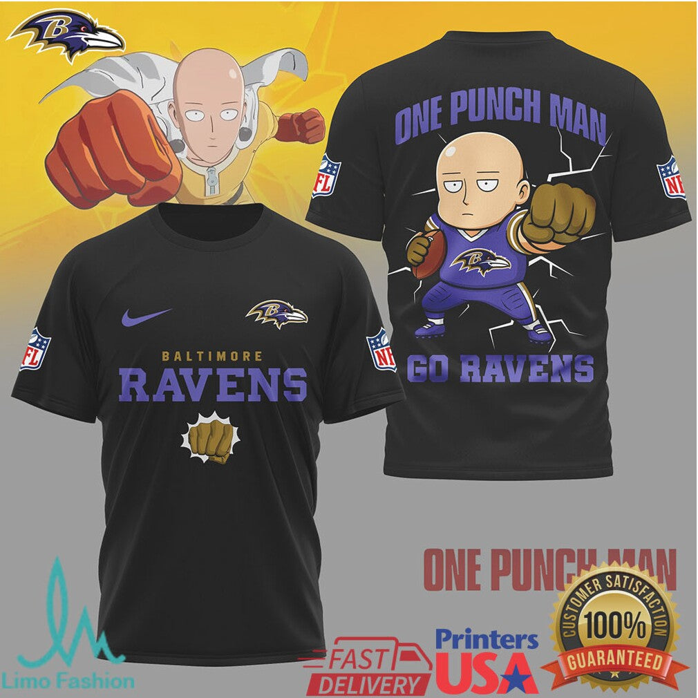 Baltimore Ravens x One Punch Man Saitama NFL Football T Shirt - Limotees LLC