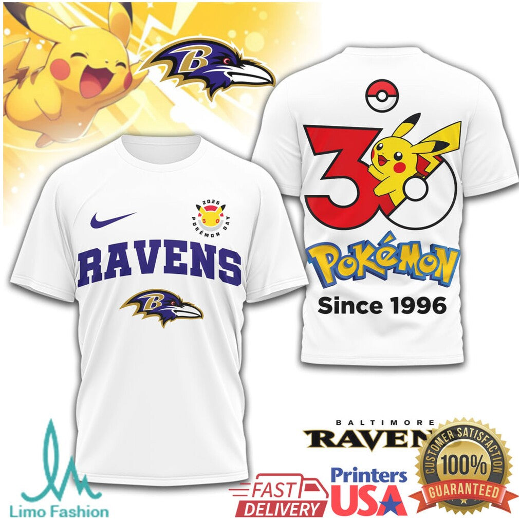 Baltimore Ravens x Pokémon Pikachu 30th Anniversary T Shirt Since 1996 - Limotees LLC