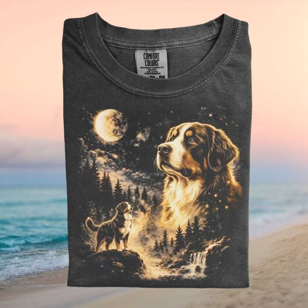 Bernese Mountain Dog Full Moon Night Forest Graphic T Shirt