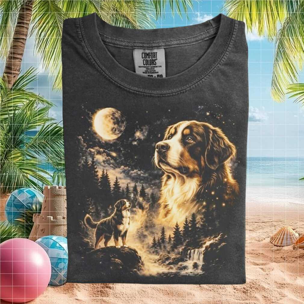 Bernese Mountain Dog Full Moon Night Forest Graphic T Shirt