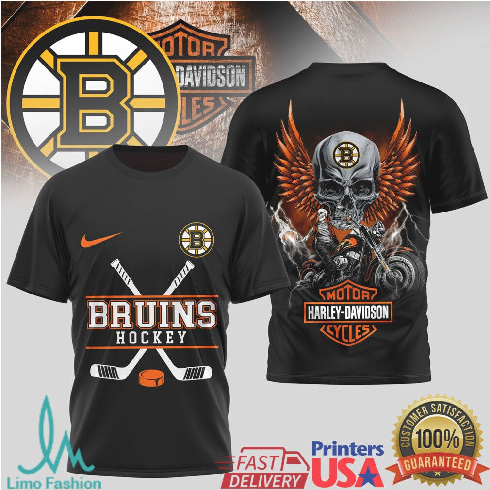 Boston Bruins Hockey x Harley Davidson Skull Wing Biker T Shirt - Limotees LLC