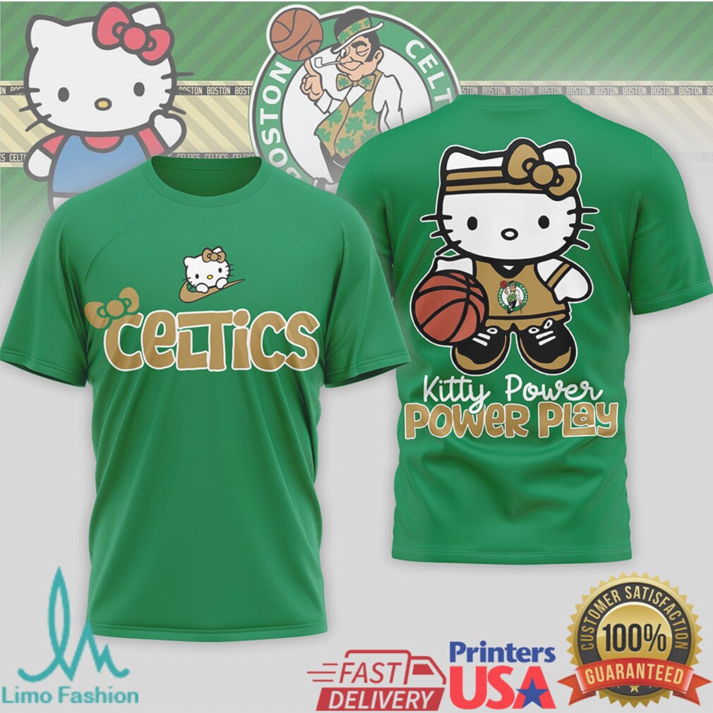 Boston Celtics Kitty Power Play T Shirt Kawaii Lucky Green Basketball T Shirt - Limotees LLC