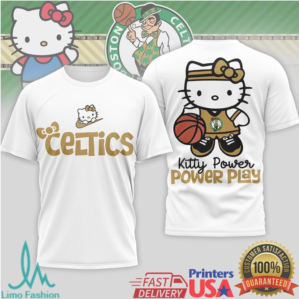 Boston Celtics Kitty Power Play T Shirt Kawaii Lucky Green Basketball T Shirt - Limotees LLC