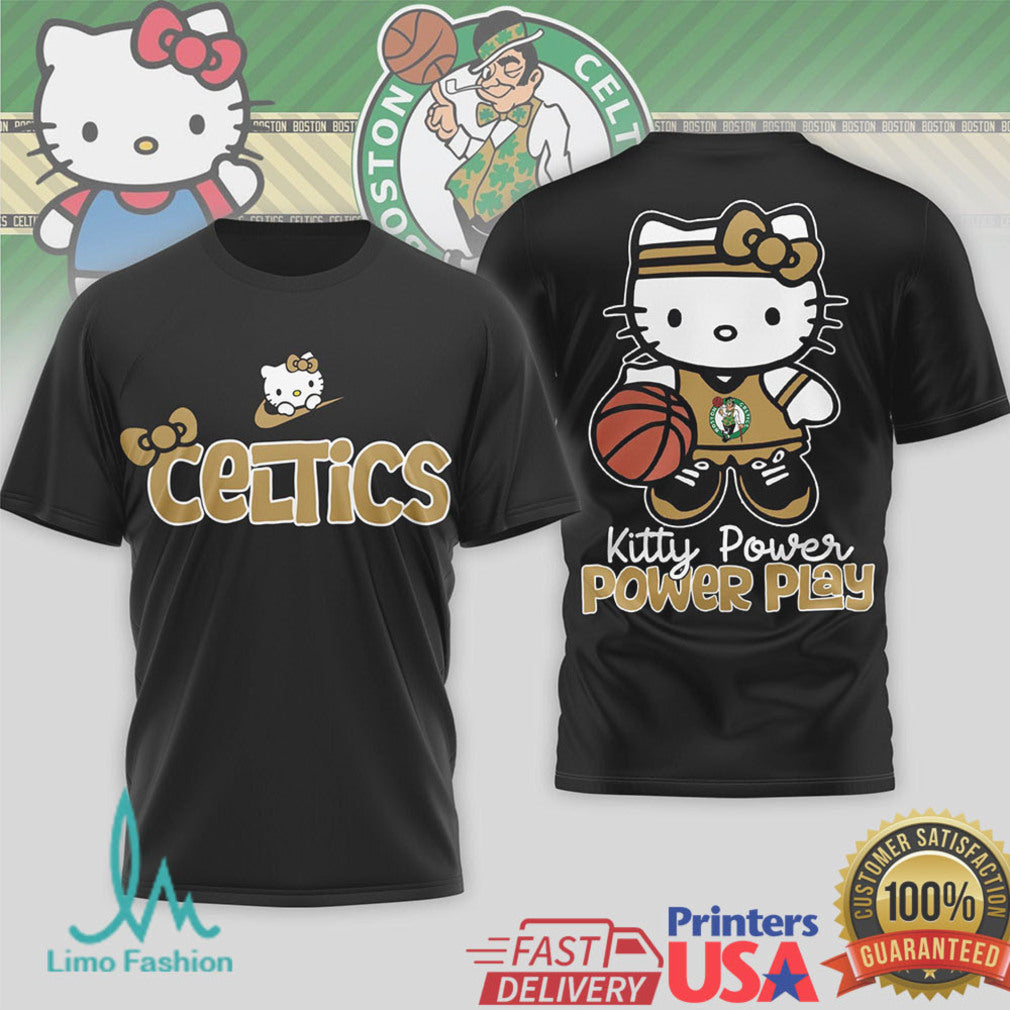 Boston Celtics Kitty Power Play T Shirt Kawaii Lucky Green Basketball T Shirt - Limotees LLC