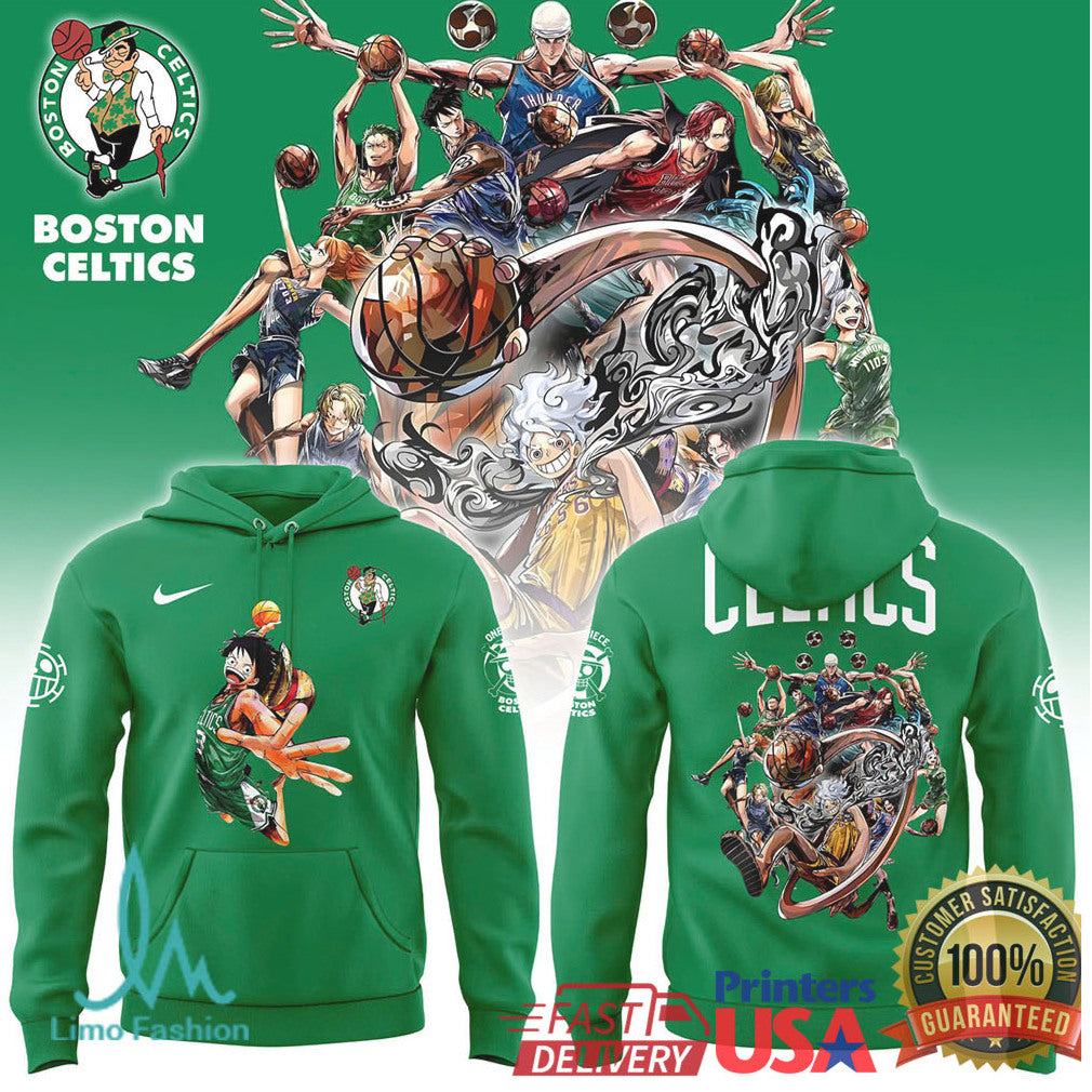 Boston Celtics x One Piece Straw Hat Crew Basketball Graphic Apparel T Shirt - Limotees LLC