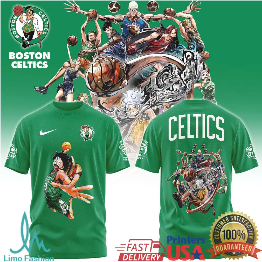 Boston Celtics x One Piece Straw Hat Crew Basketball Graphic Apparel T Shirt - Limotees LLC