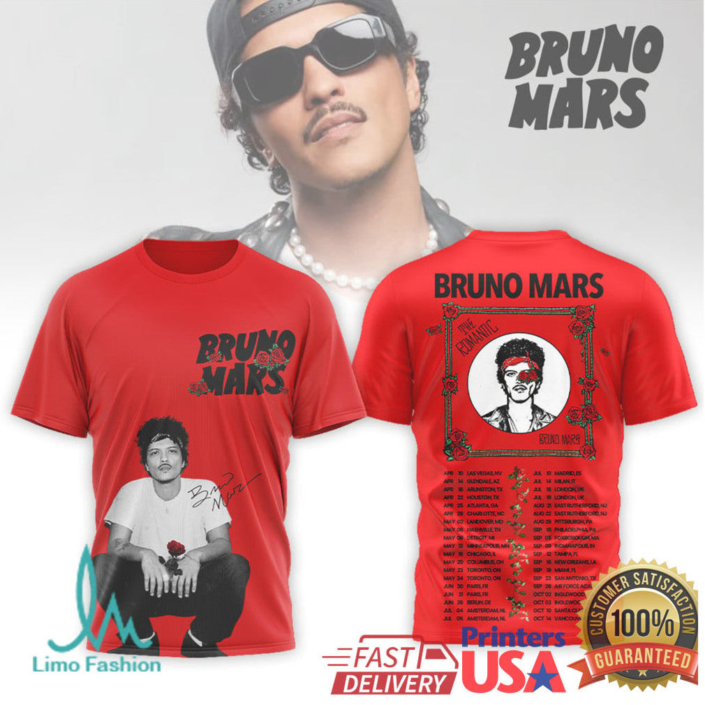 Bruno Mars The Romantic Tour T Shirt Floral Portrait Design - Limotees LLC