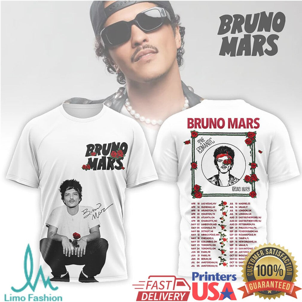 Bruno Mars The Romantic Tour T Shirt Floral Portrait Design - Limotees LLC