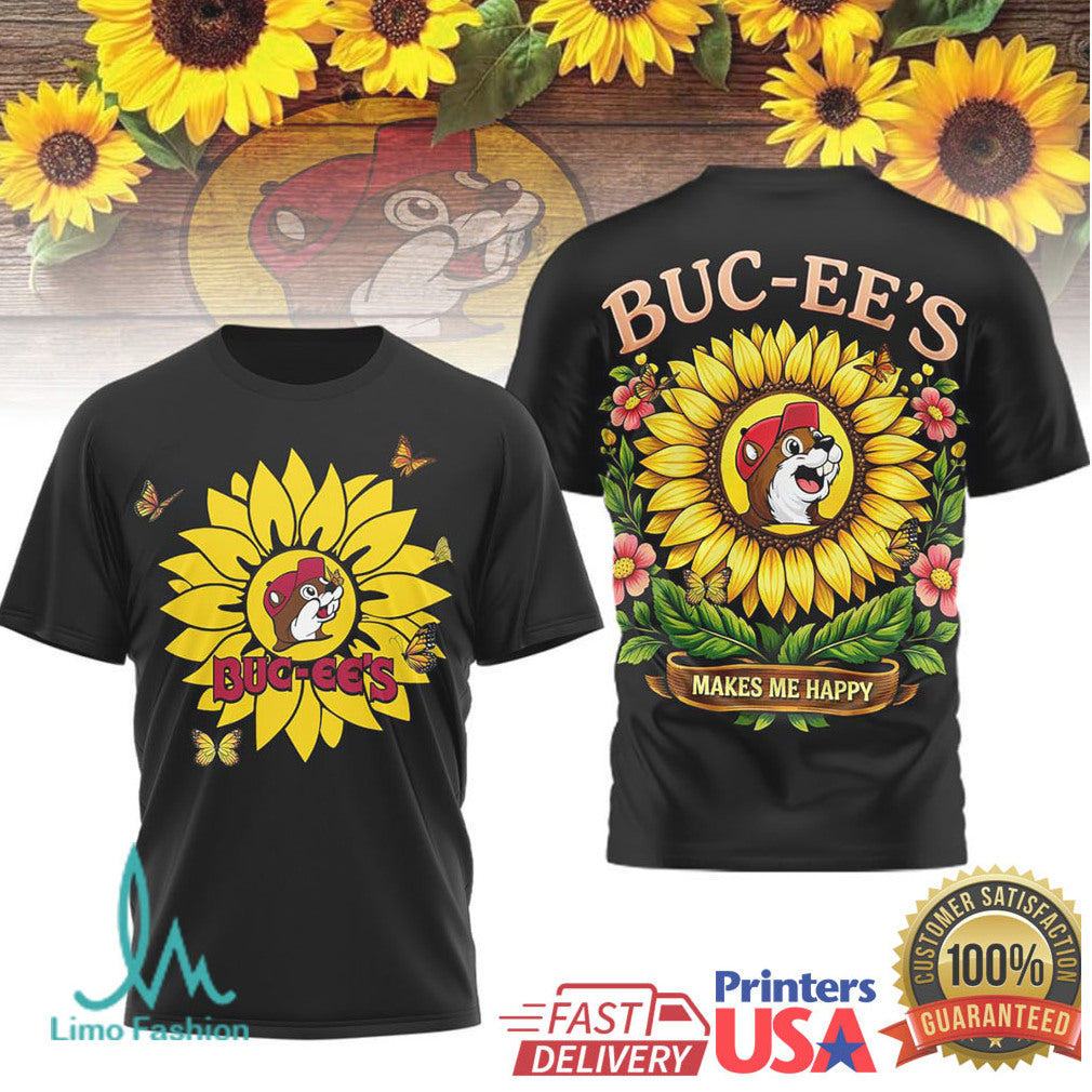 Buc ee's Sunflower Makes Me Happy Beaver Mascot Black Tee - Limotees LLC