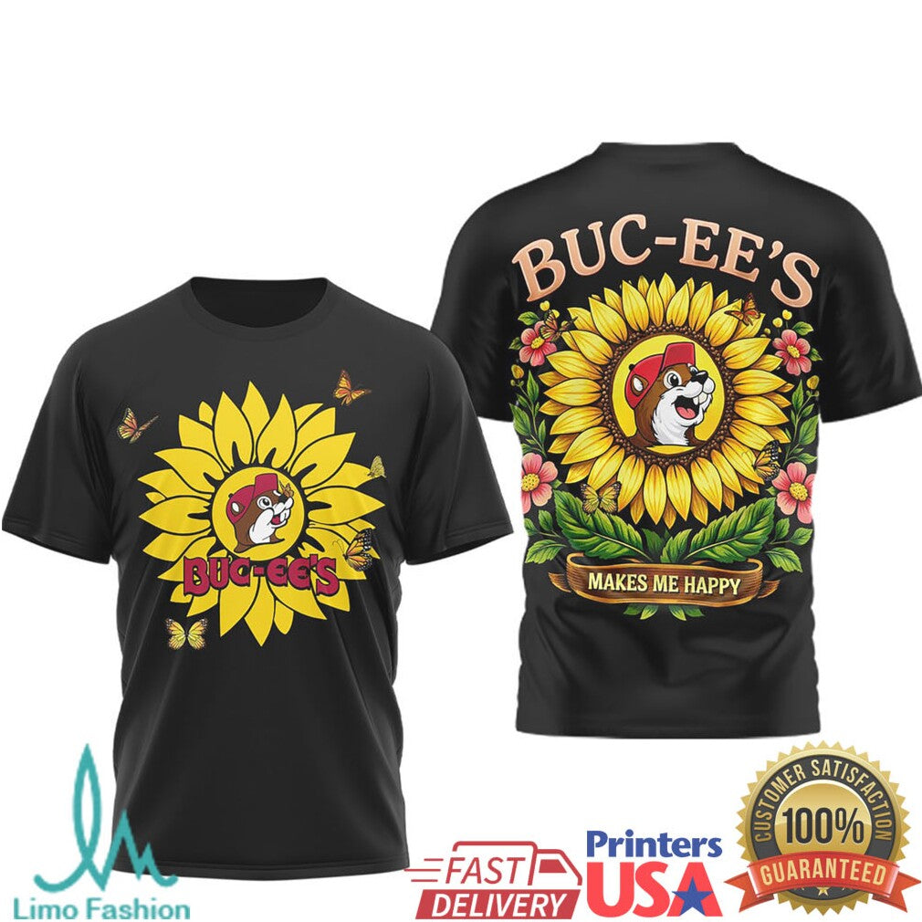 Buc ee's Sunflower Makes Me Happy Beaver Mascot Black Tee - Limotees LLC