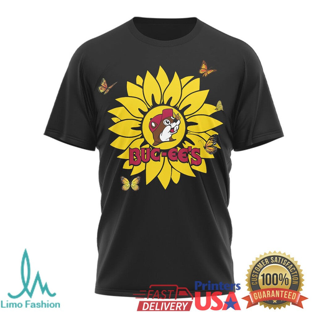 Buc ee's Sunflower Makes Me Happy Beaver Mascot Black Tee - Limotees LLC