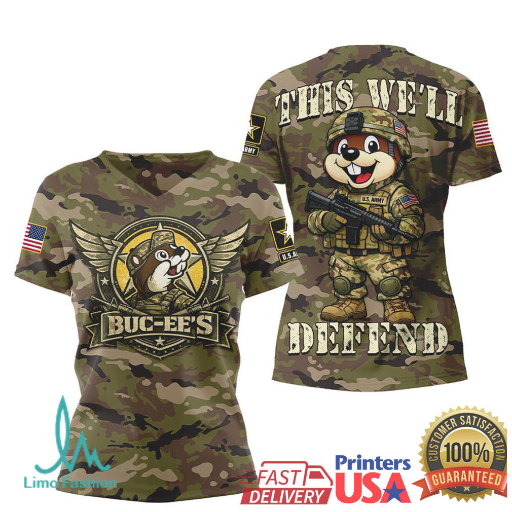 Buc ee's U.S. Army “This We'll Defend” Military Camo Graphic Apparel T Shirt - Limotees LLC