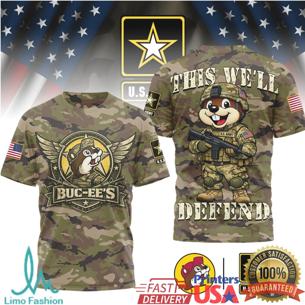 Buc ee's U.S. Army “This We'll Defend” Military Camo Graphic Apparel T Shirt - Limotees LLC