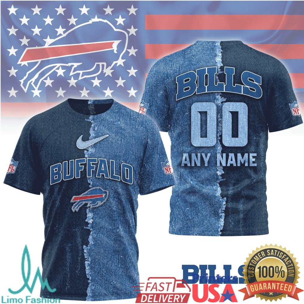 Buffalo Bills Custom Name Denim Print NFL T Shirt Personalized Fan & Pet Matching Gear - Limotees LLC