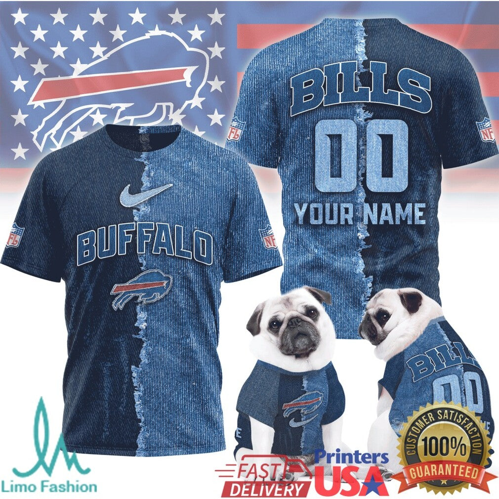 Buffalo Bills Custom Name Denim Print NFL T Shirt Personalized Fan & Pet Matching Gear - Limotees LLC