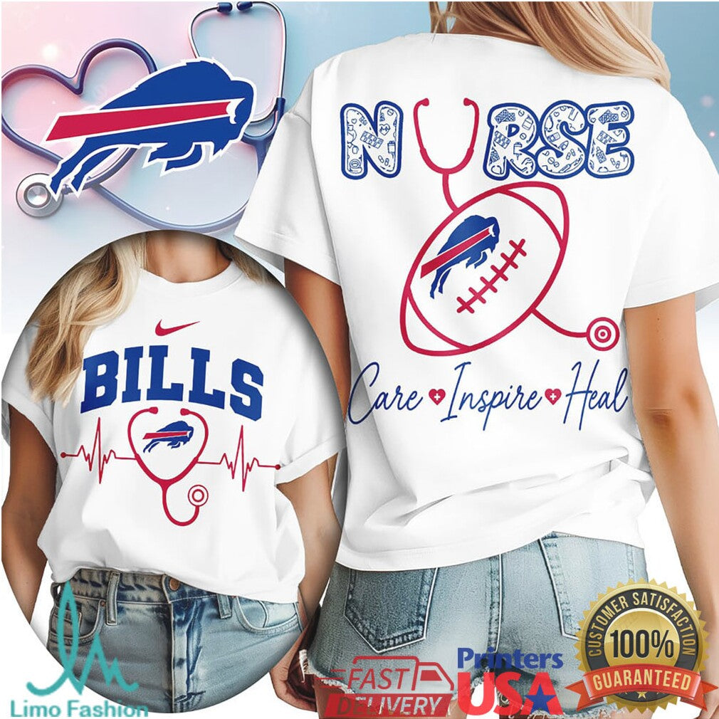 Buffalo Bills Football Nurse Care Inspire Heal 2026 Retro Women Fans White Royal Blue T Shirt