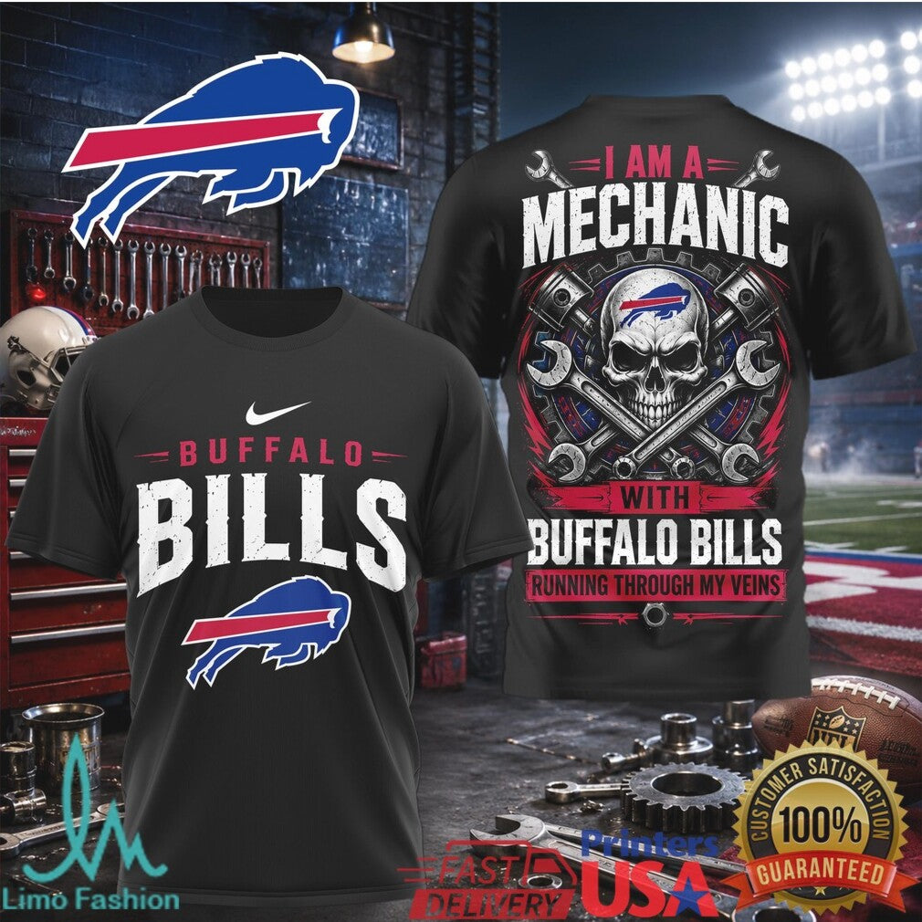 Buffalo Bills Mechanic Skull Running Through My Veins T Shirt