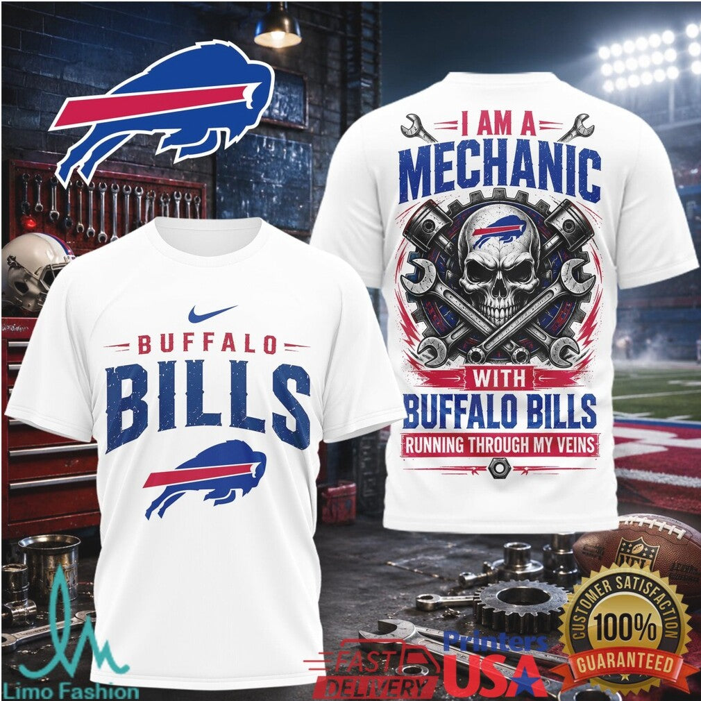 Buffalo Bills Mechanic Skull Running Through My Veins T Shirt
