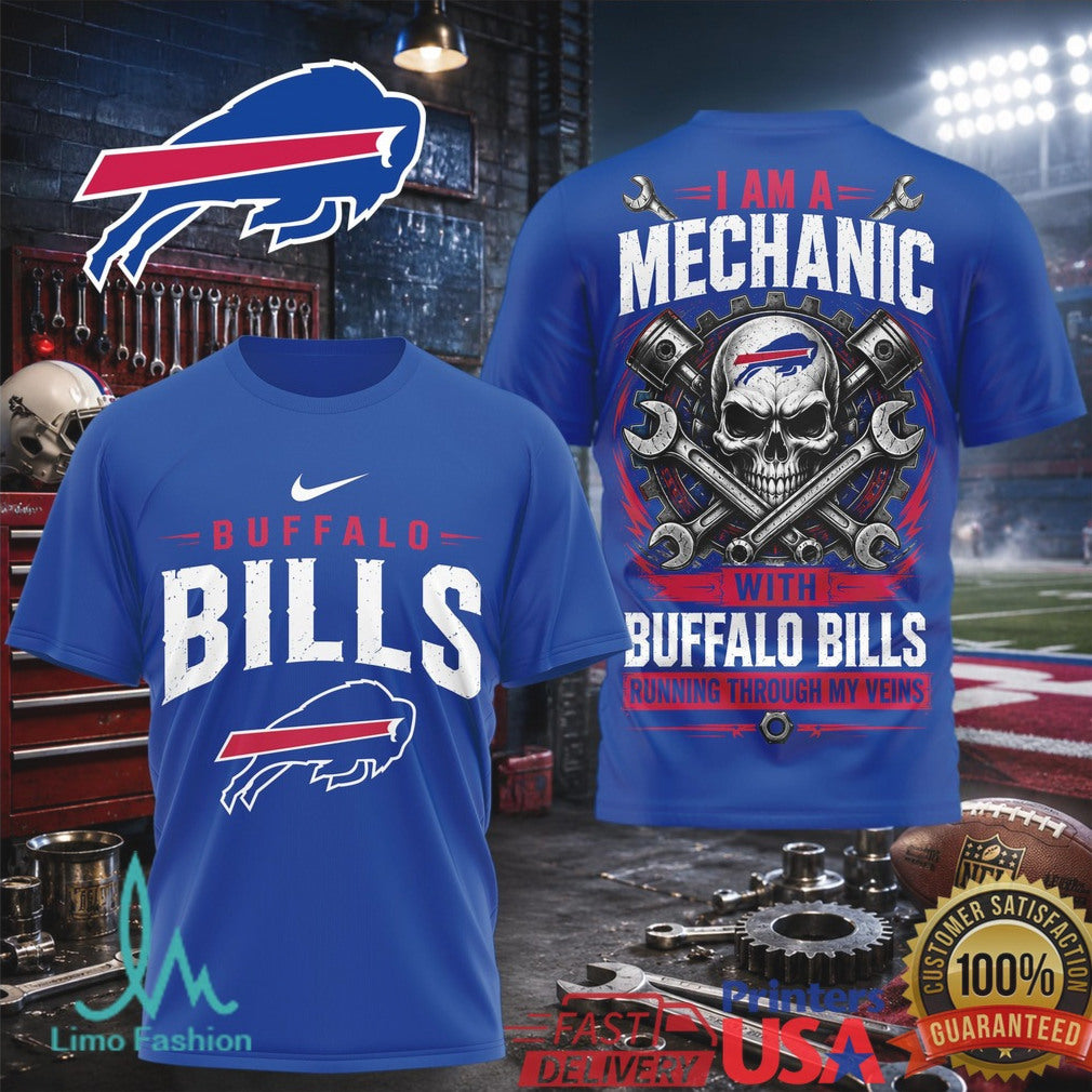 Buffalo Bills Mechanic Skull Running Through My Veins T Shirt