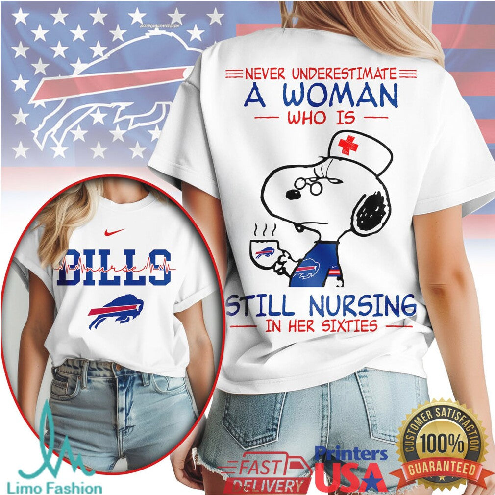 Buffalo Bills Nurse Snoopy T Shirt Never Underestimate A Woman Nursing In Her Sixties - Limotees LLC